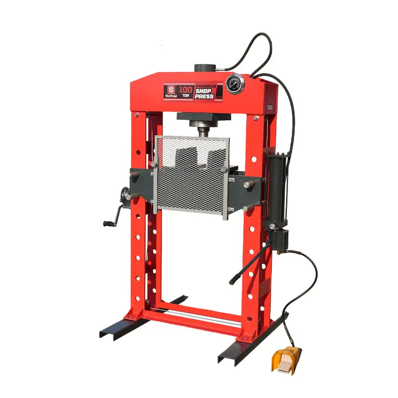 100 Ton Capacity Hydraulic Shop Press, Heavy Duty Pressing, Protective Grid Guard, Fully Welded H-Frame, Air & Manual Dual Operation, Sf-Sp100a 1