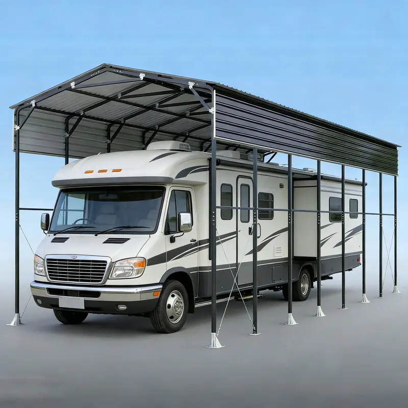 14' X 40' Metal Shed Shelter For Class-A Rv, 16'2" Peak Height, 15' Inner Clearance, 14'1" Open Sidewalls, Tmg-Msrv1440 1