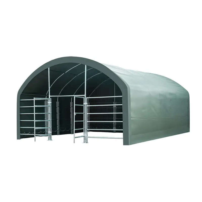 Pro Series 20' X 20' Livestock Corral Shelter, 12' Dome Roof, 17 Oz Military Green Pvc Covering, 6-Bar Corral Panels, 5' Front Swing Gate, Tmg-St2022l 1