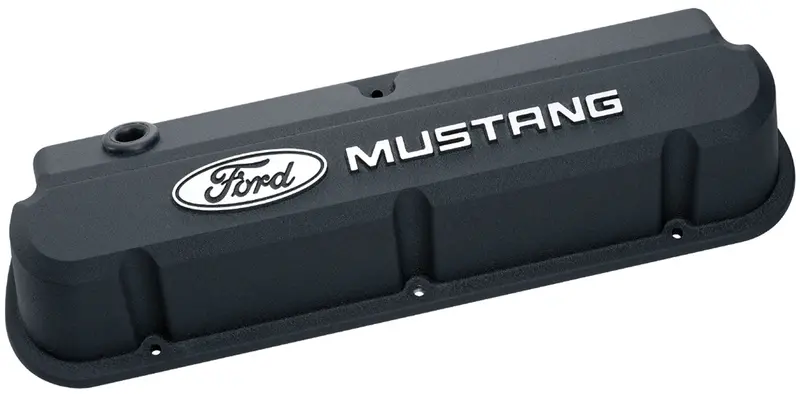 Ford Racing 302-140 Tall Slant-Edge Valve Covers – Die-Cast Black With Raised Mustang Logo 1